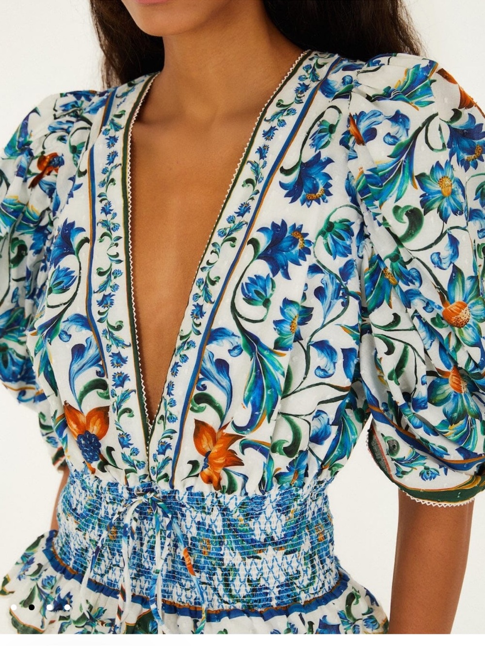 FARMRIO Off-White Flora Tile Smocked Blouse | Size XS | NWT - Picture 2 of 12